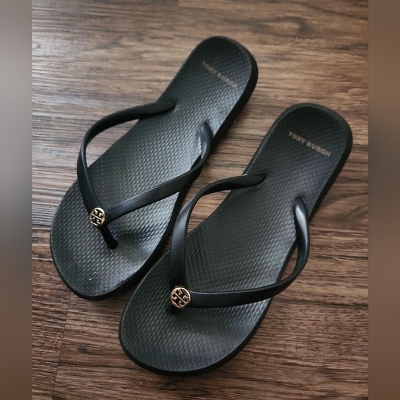Tory Burch Black Sandals with Gold Emblem - Picture 1 of 5